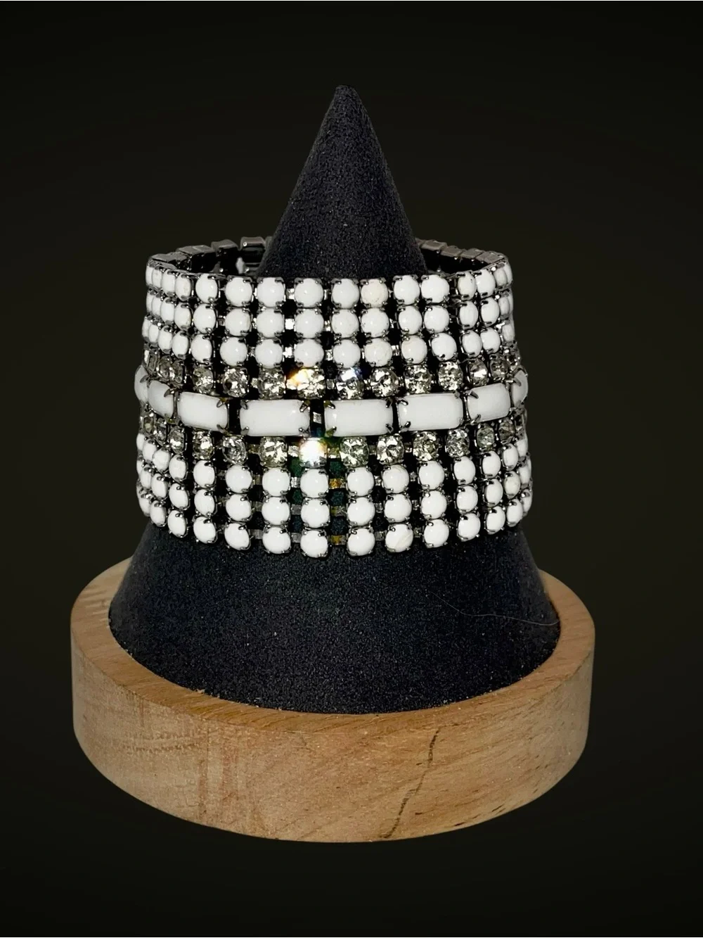 Stunning Vintage MidCentury Milk Glass and Rhinestone Statement Bracelet Estate